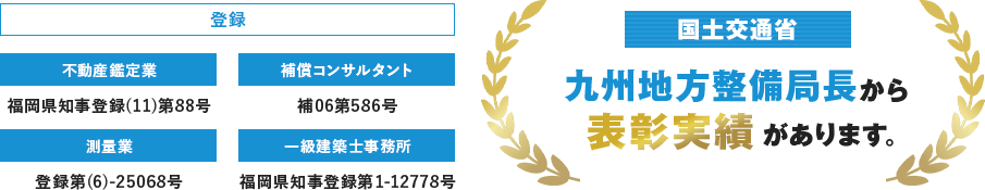 国土交通省九州地方整備局長から表彰 5年で3回 登録 不動産鑑定業 福岡県知事登録(11)第88号 補償コンサルタント 補31第586号 測量業 登録第(5)-25068号 一級建築士事務所 福岡県知事登録第1-12778号